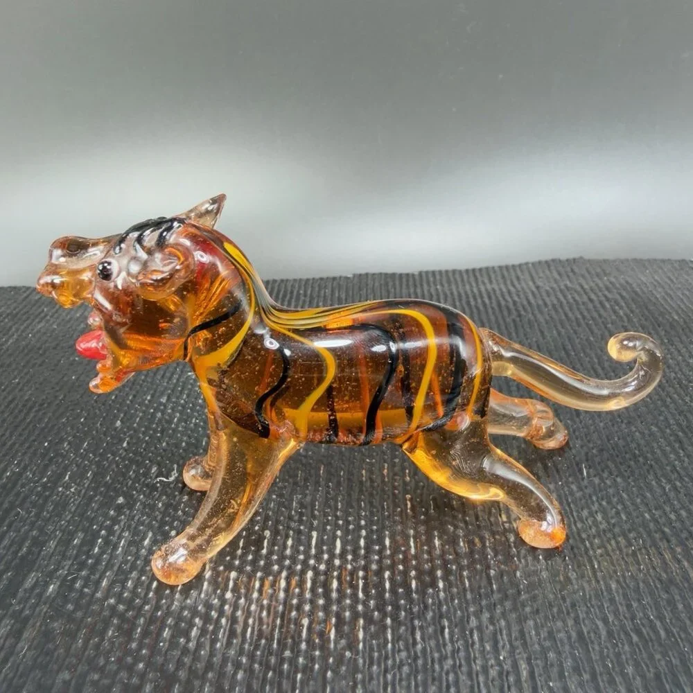 Vintage‎ Czech Republic Hand Made Art Glass Figurine Tiger Lion Hand Blown Glass